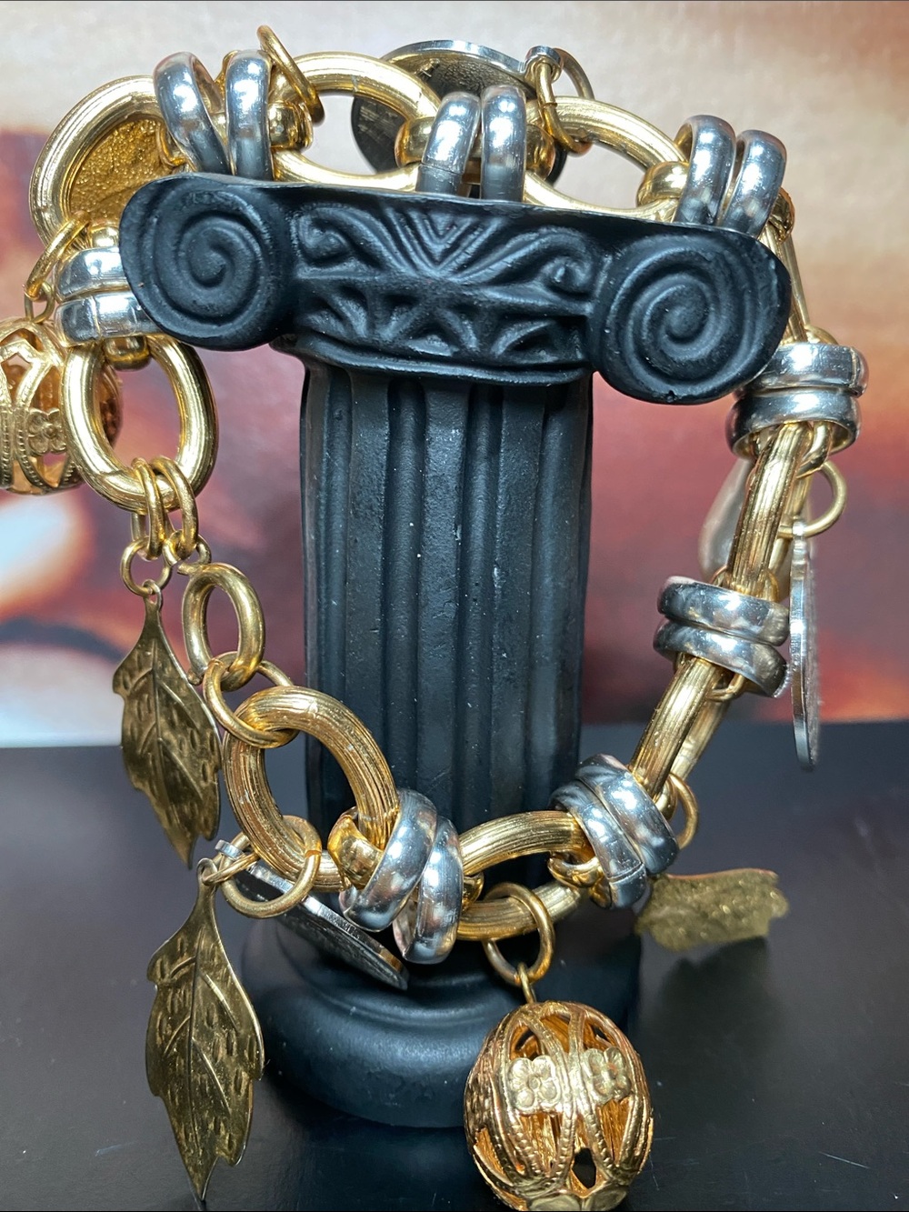 Gold and Silver Charm Bracelet With Leaf Coins Pearl Pendant, Ornate Jewelry